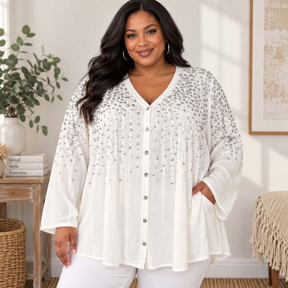 Roaman's 32W White Sequin Tunic Blouse Boho Glam Artsy Plus Size
